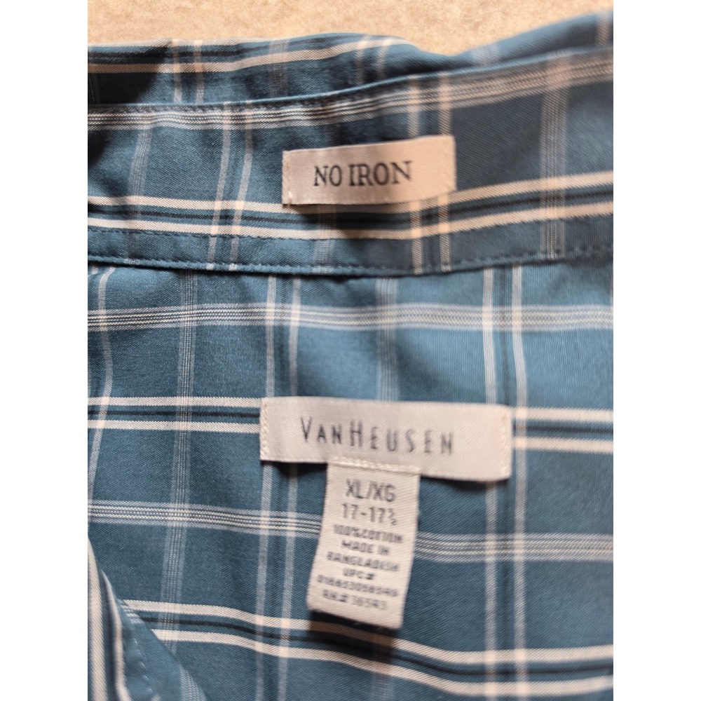 Van Heusen Mens NoIron Short Sleeve Plaid ButtonDown Shirt Blue White XL 17-17.5